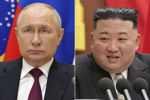Russian President Vladimir Putin listens during a meeting in Moscow, Aug. 23, 2023, and North Korean leader Kim Jong Un speaks during a meeting of the ruling Workers' Party at its headquarters in Pyongyang, North Korea, in early 2023. The White House says it has intelligence showing Putin and Kim Jong Un have swapped letters as Russia looks to North Korea for additional munitions for its war in Ukraine. (Mikhail Klimentyev, Sputnik, Kremlin Pool and Korean Central News Agency/Korea News Service 