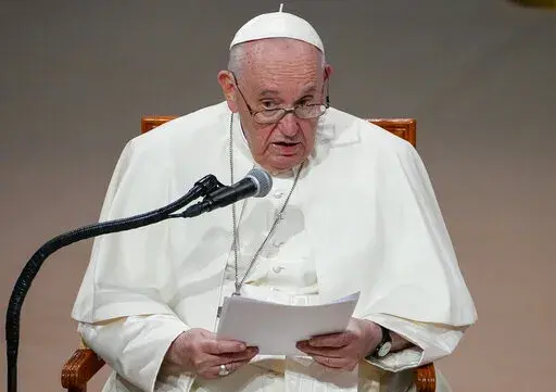 Pope Francis delivers his speech during a meeting with authorities, civil society and diplomats at Qazaq Concert Hall in Nur-Sultan, Kazakhstan, on Sept. 13, 2022. Chinese President Xi Jinping's first trip overseas since the early days of the COVID-19 pandemic will overlap with a visit by Pope Francis to Kazakhstan, although the Vatican says there are no plans for them to meet. (AP Photo/Alexander Zemlianichenko, File)