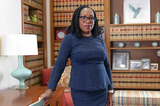 Judge Ketanji Brown Jackson, who is a U.S. Circuit Judge on the U.S. Court of Appeals for the District of Columbia Circuit, poses for a portrait, Feb., 18, 2022, at the court in Washington. Supreme Court Justice Ketanji Brown Jackson is working on a memoir. Jackson, the first Black woman appointed to the court, is calling the book “Lovely One." “Mine has been an unlikely journey,” Jackson said in a statement released Thursday, Jan. 5, 2023, by Random House. (AP Photo/Jacquelyn Martin, File