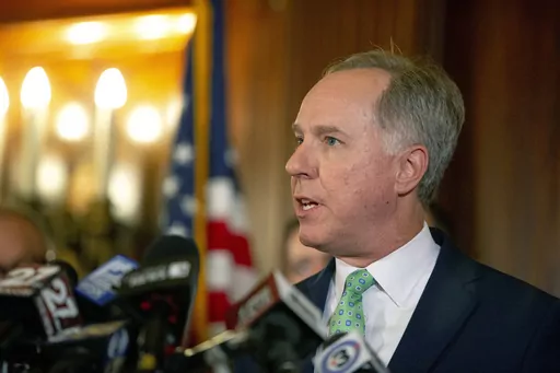 Speaker of the Wisconsin State Assembly Robin Vos speaks during a press conference after Gov. Tony Evers delivered his state budget address at the Wisconsin State Capitol in Madison, Wis., on Feb. 15, 2023. After years of opposition to any form of marijuana legalization in Wisconsin, Republican lawmakers are now working privately to build support for a medical marijuana program that could win bipartisan backing and be enacted into law later this year. (Samantha Madar/Wisconsin State Journal via 