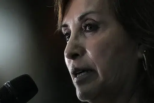 Peru's President Dina Boluarte talks to the press at the end of the Amazon Summit in Belem, Brazil, Aug. 8, 2023. (AP Photo/Eraldo Peres, File)