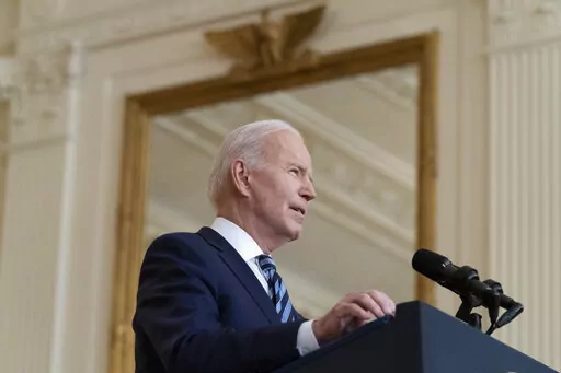 President Joe Biden speaks about the Russian invasion of Ukraine in the East Room of the White House, Thursday, Feb. 24, 2022, in Washington. (AP Photo/Alex Brandon)