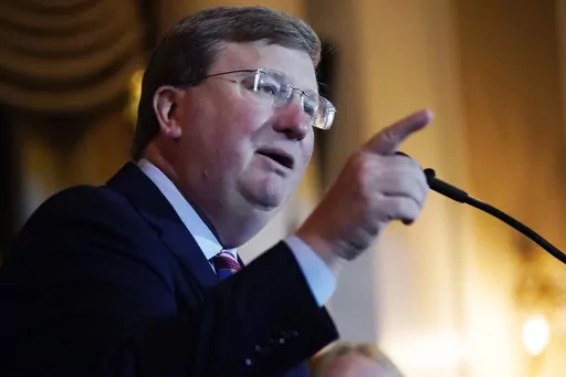 Republican Mississippi Gov. Tate Reeves addresses supporters in Jackson, Miss., after winning the party primary, Aug. 8, 2023. A person who is being sued over allegations of welfare misspending filed a separate lawsuit against Reeves on Wednesday, Oct. 11, saying Reeves is trying to protect political allies. Spokespeople for Reeves said he is working to recover all welfare money that was misspent before he became governor. (AP Photo/Rogelio V. Solis, File)