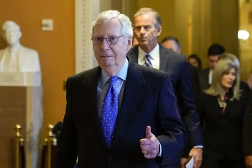 Senate Minority Leader Mitch McConnell of Ky., gestures after being reelected as Republican leader, quashing a challenge from Sen. Rick Scott, R-Fla., in the Senate Republican leadership elections on Capitol Hill in Washington, Wednesday, Nov. 16, 2022. (AP Photo/Patrick Semansky)
