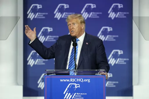Republican presidential candidate and former President Donald Trump speaks at an annual leadership meeting of the Republican Jewish Coalition, Saturday, Oct. 28, 2023, in Las Vegas. Trump on Monday, March 18, 2024, charged that Jews who vote for Democrats “hate Israel” and hate “their religion,” igniting a firestorm of criticism from the White House and Jewish leaders.(AP Photo/John Locher, File)