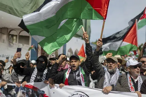 Tens of thousands take part in a demonstration in Rabat, Morocco, Sunday, April 6, 2025 as they protest Israel’s latest offensive in Gaza and U.S. President Donald Trump's proposal to displace Palestinians and clear the territory for development. (AP Photo)
