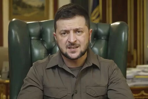 In this image from video provided by the Ukrainian Presidential Press Office, Ukrainian President Volodymyr Zelenskyy speaks from Kyiv, Ukraine, Sunday, April 3, 2022. (Ukrainian Presidential Press Office via AP)