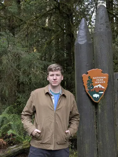 This image provided by Sam Peterson shows Sam Peterson posing for a photo at Lewis and Clark National Historical Park, near Astoria, Ore., Saturday, March 22, 2025. (Sam Peterson via AP)