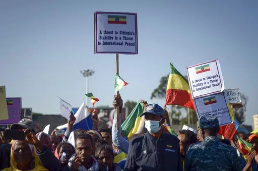 Ethiopians protest against what they say is interference by outsiders in the country's internal affairs and against the Tigray People's Liberation Front (TPLF), the party of Tigray's fugitive leaders, at a rally organized by the city administration in the capital Addis Ababa, Ethiopia Saturday, Oct. 22, 2022. A South Africa government spokesman says African Union-led peace talks to end Ethiopia's Tigray conflict have begun in South Africa on Tuesday, Oct. 25, 2022. (AP Photo, File)