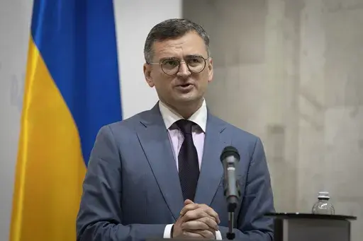 Ukrainian Foreign Minister Dmytro Kuleba speaks during joint press conference with German Foreign Minister Annalena Baerbock in Kyiv, Ukraine, May 21, 2024. (AP Photo/Efrem Lukatsky, File)