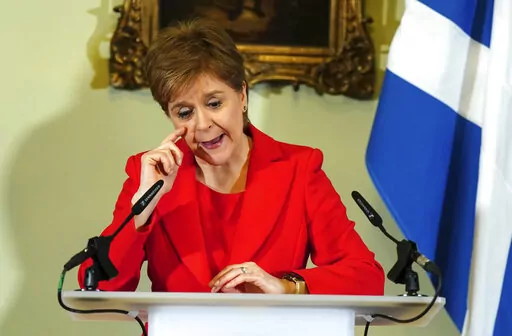 Nicola Sturgeon speaks during a press conference at Bute House in Edinburgh, Wednesday, Feb. 15 2023. Sturgeon has resigned as first minister of Scotland following months of controversy over a law that makes it simpler for people to change their gender on official documents. Sturgeon led the country's devolved government and the Scottish National Party for eight years. (Jane Barlow/Pool photo via AP)