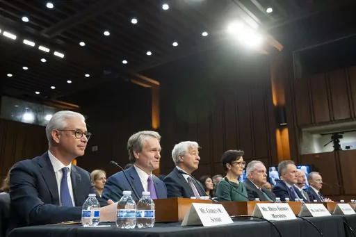Charles W. Scharf, CEO and President, Wells Fargo & Company; Brian Thomas Moynihan, Chairman and CEO, Bank of America; Jamie Dimon, Chairman and CEO, JPMorgan Chase & Co.; Jane Fraser, CEO, Citigroup; Ronald O'Hanley, CEO, State Street; Robin Vince, CEO, BNY Mellon; David Solomon, CEO, Goldman Sachs; and James P. Gorman, CEO, Morgan Stanley, testify during a Senate Banking, Housing, and Urban Affairs Committee oversight hearing to examine Wall Street firms on Capitol Hill, Wednesday, Dec. 6, 202
