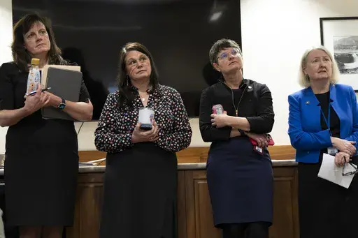 From left, Democratic state Sens. Kathleen Taylor, Sara Gelser Blouin, Elizabeth Steiner and Deb Patterson attend a press conference on the first day of the legislative session at the Oregon state Capitol, Monday, Feb. 5, 2024, in Salem, Ore. (AP Photo/Jenny Kane, File)