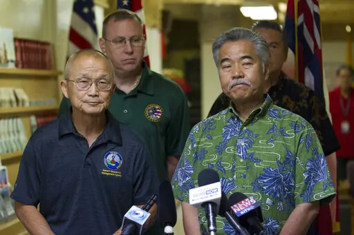 Vern Miyagi, Administrator, HEMA, left, and Hawaii Gov. David Ige addressed the media during a press conference at the Hawaii Emergency Management Center at Diamond Head following the false alarm issued of a missile launch on Hawaii on Jan. 13, 2018. As Hawaii's governor, David Ige faced a false alert about an incoming ballistic missile, a volcanic eruption that destroyed 700 homes and protesters blocking construction of a cutting-edge multibillion-dollar telescope. (George F. Lee/The Star-Adver