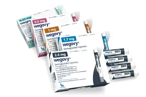 This image provided by Novo Nordisk in January 2023, shows packaging for the company's Wegovy drug. Children struggling with obesity should be evaluated and treated early and aggressively, with medications for kids as young as 12 and surgery for those as young as 13 who qualify, according to new guidelines released by the American Academy of Pediatrics on Monday, Jan. 9, 2023. A study published in the New England Journal of Medicine in December 2022, found that Wegovy helped teens reduce their b