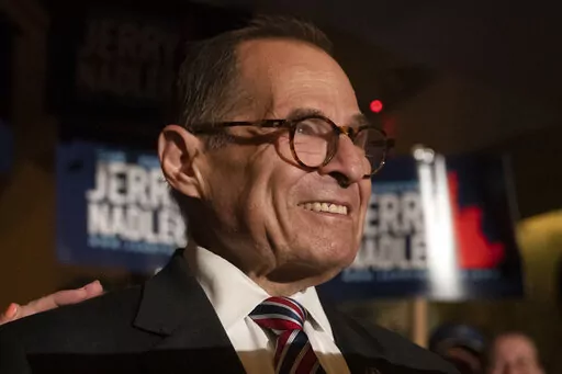 U.S. Rep. Jerry Nadler speaks during his election night victory party in the Democratic primary election, Tuesday, Aug. 23, 2022, in New York. Nadler won in New York's 12th Congressional District Democratic primary against attorney Suraj Patel and Rep. Carolyn Maloney. (AP Photo/John Minchillo)