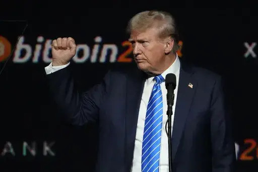 Then Republican presidential candidate former President Donald Trump speaks at the Bitcoin 2024 Conference on July 27, 2024, in Nashville, Tenn. (AP Photo/Mark Humphrey, File)