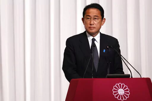 Japanese Prime Minister and leader of the Liberal Democratic Party, Fumio Kishida, speaks during a news conference after the results of the Upper House elections at the party headquarters on Monday, July 11, 2022, Tokyo, Japan. (Rodrigo Reyes Marin/Pool Photo via AP)