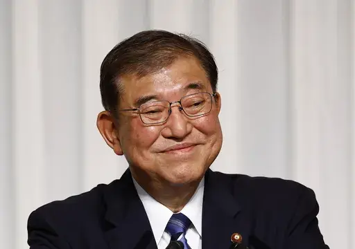 Shigeru Ishiba, the newly elected leader of Japan's ruling party, the Liberal Democratic Party (LDP) holds a press conference after the LDP leadership election, in Tokyo Friday, Sept. 27, 2024. (Kim Kyung-Hoon/Pool Photo via AP)