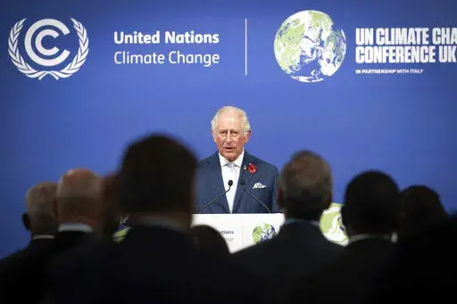 Britain's then-Prince Charles addresses a Commonwealth Leaders' Reception, at the COP26 Summit, at the SECC in Glasgow, Scotland, Nov. 2, 2021. Now that he's monarch, King Charles III — one of Britain's most prominent environmental voices — will be have to be more careful with his words. (Stefan Rousseau/Pool Photo via AP)