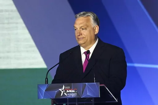 Hungarian Prime Minister Viktor Orban delivers the keynote speech at the opening session of Hungary Conservative Political Action Conference Hungary in Budapest, Hungary, Thursday, May 4, 2023. The two-day CPAC meeting organized by Center for Fundamental Rights of Hungary features some 60 prestigious foreign speakers from 20 countries and five continents. (Szilard Koszticsak/MTI via AP)