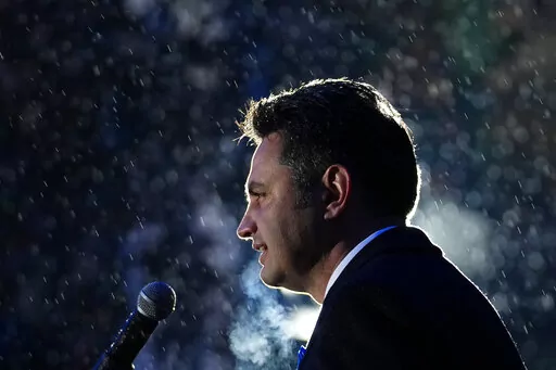 Peter Marki-Zay, leader of United For Hungary, the six-party opposition coalition, speaks during the final electoral rally in Budapest, Hungary, Saturday, April 2, 2022, ahead of Sunday's election. Hungary's nationalist prime minister, Viktor Orban, seeks a fourth straight term in office, a coalition of opposition parties are framing the Sunday election as a referendum on Hungary's future in the West. (AP Photo/Petr David Josek)