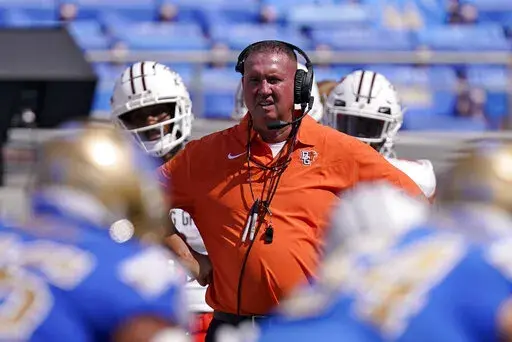 Bowling Green head coach Scot Loeffler watches during the second half of an NCAA college football game against UCLA Saturday, Sept. 3, 2022, in Pasadena, Calif. (AP Photo/Mark J. Terrill)