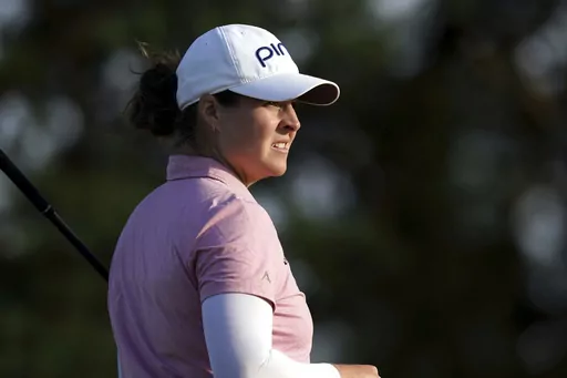 USA's Ally Ewing tees off the 18th during day one of the 2023 AIG Women's Open at Walton Heath, Surrey, England, Thursday, Aug. 10, 2023. (John Walton/PA via AP)