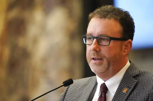 Sen. David Parker, R-Olive Branch, presents legislation that would transfer ownership of the water system from the city of Jackson to a new public entity managed by a nine-member board selected by the mayor, governor and lieutenant governor, at the state Capitol, Tuesday, Feb. 7, 2023, in Jackson, Miss. (AP Photo/Rogelio V. Solis)