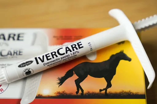 A syringe of of ivermectin — a drug used to kill worms and other parasites — intended for use in horses only, rests on its box in Olympia, Wash., on Sept. 10, 2021. Wisconsin's conservative-controlled Supreme Court ruled Tuesday, May 2, 2023, that a hospital could not be forced to give the deworming drug to a patient with COVID-19. (AP Photo/Ted S. Warren, File)