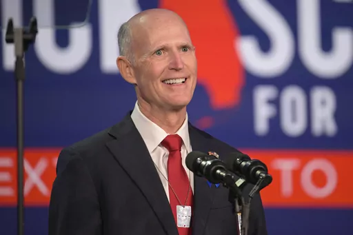 Sen. Rick Scott, R-Fla., addresses attendees at the Republican Party of Florida Freedom Summit, Nov. 4, 2023, in Kissimmee, Fla. Democrats hoping to hold their slim Senate majority after November 2024 are looking for upsets in two unlikely places, Texas and Florida, to help neutralize potential setbacks elsewhere. In 2018, Scott won his seat by around 10,000 votes out of 8.1-plus million cast. (AP Photo/Phelan M. Ebenhack, File)