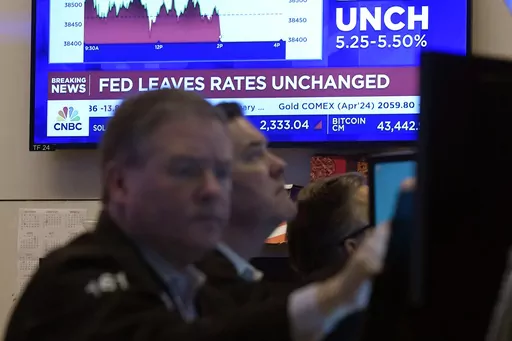 A television screen on the floor of the New York Stock Exchange displays the Federal Reserve's decision on interest rates, Jan. 31, 2024. From Wall Street investors to car dealers to potential home buyers, many Americans are eager for the Federal Reserve to start cutting its benchmark interest rate and reducing borrowing costs throughout the economy (AP Photo/Richard Drew, File)