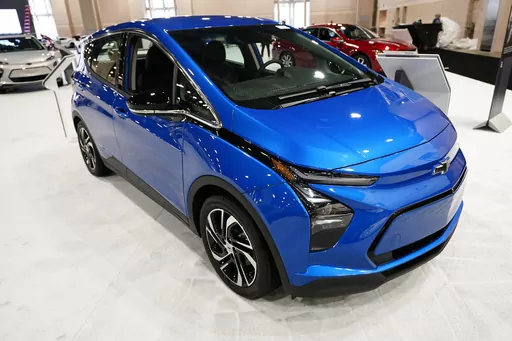A Chevrolet Bolt is displayed at the Philadelphia Auto Show, Jan. 27, 2023, in Philadelphia. Electric vehicles are far less reliable than gasoline-powered cars, trucks and SUVs, mainly because most automakers are still learning how to build a completely new power system, according to this year's auto reliability survey by Consumer Reports.(AP Photo/Matt Rourke, File)