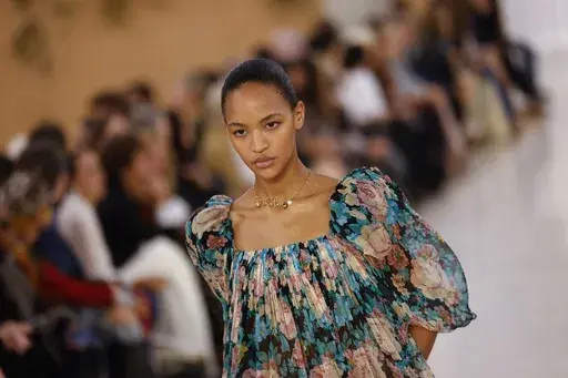 A model wears a creation as part of the Chloe Spring/Summer 2025 collection presented Thursday, Sept. 26, 2024, in Paris. (Photo by Vianney Le Caer/Invision/AP)