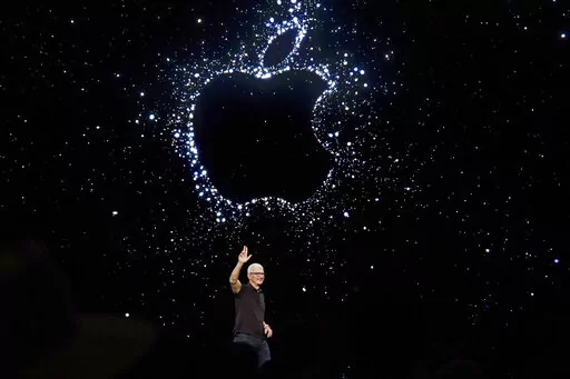 Apple CEO Tim Cook speaks at an Apple event on the campus of Apple's headquarters in Cupertino, Calif., on Sept. 7, 2022. Apple Music is about to reach a huge numerical milestone — offering an eye-popping 100 million songs available on the streaming service. (AP Photo/Jeff Chiu, File)