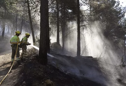 Firefighters try to extinguish a forest fire in Fuente la Reina, Castellon de la Plana, Spain, March 29, 2023. Spain suffered the biggest losses from wildfires of any European Union country last year amid a record-hot 2022, and there is worry that this year’s fire season could also be bad. (AP Photo/Alberto Saiz, File)