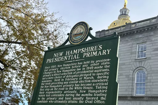 A marker stands outside the Statehouse in Concord, N.H., Nov. 15, 2023, describing the history of the state's first-in-the-nation presidential primary. New Hampshire's attorney general Monday, Jan. 8, 2024, ordered national Democratic party leaders to stop calling the state’s unsanctioned presidential primary “meaningless,” saying do so violates state law. (AP Photo/Holly Ramer, File)