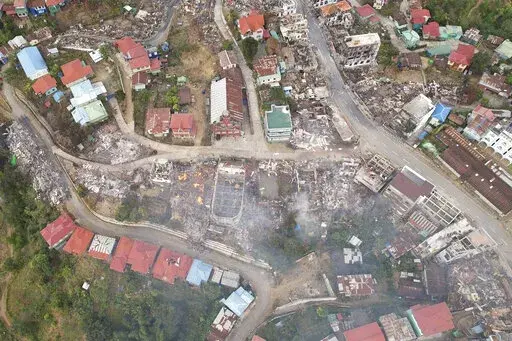 In this aerial photo released by the Chin Human Rights Organization, fires destroy numerous buildings in the town of Thantlang in Chin State in northwest Myanmar, on Dec. 4, 2021. More than 580 buildings have been burned since September, according to satellite image analysis by Maxar Technologies. (Chin Human Rights Organization via AP)