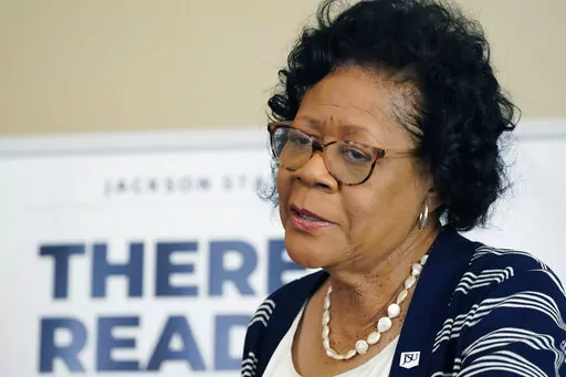 Elayne Hayes-Anthony, temporary acting President at Jackson State University answers reporters questions during an on-campus news conference in Jackson, Miss., Monday, March 6, 2023. Hayes-Anthony was named acting president Thursday, March 2, following the board governing Mississippi's eight public universities decision to put Thomas K. Hudson on paid administrative leave. (AP Photo/Rogelio V. Solis)