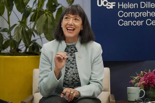 Dr. Monica Bertagnolli speaks at the University of California, San Francisco's cancer center in San Francisco, Friday, Oct. 7, 2022. On Friday, May 19, 2023, The Associated Press reported on stories circulating online incorrectly claiming a White House press release says that Bertagnolli, President Joe Biden’s pick to lead the National Institutes of Health, received tens of millions of dollars in research money from Pfizer. (AP Photo/Jeff Chiu, Pool, File)