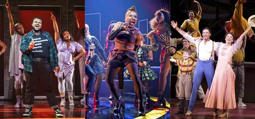 This combination of three separate photos shows, from left, James Jackson, Jr., Jaquel Spivey, L. Morgan Lee during a performance of "A Strange Loop, " Brittney Mack during a performance of "Six," and Hugh Jackman and Sutton Foster during a production of "The Music Man." Nominations for this year's  Tony Awards will be announced on Monday, May 9. (Polk & Co. via AP, from left, Boneau/Bryan Brown via AP, O & M Co./DKC via AP)