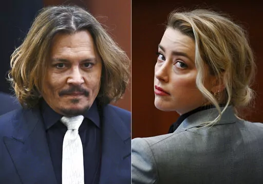 This combination of photos shows actors Johnny Depp, left, and Amber Heard inside the courtroom for Depp’s libel suit against Heard at the Fairfax County Circuit Court on April 12, 2022, in Fairfax, Va. Depp has accused Heard of indirectly defaming him in a 2018 opinion piece that she wrote for The Washington Post. (Brendan Smialowski, Pool via AP)